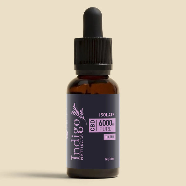 Pure CBD Isolate Oil- 6000mg- No THC, Indigo Naturals CBD bottle on neutral background.
