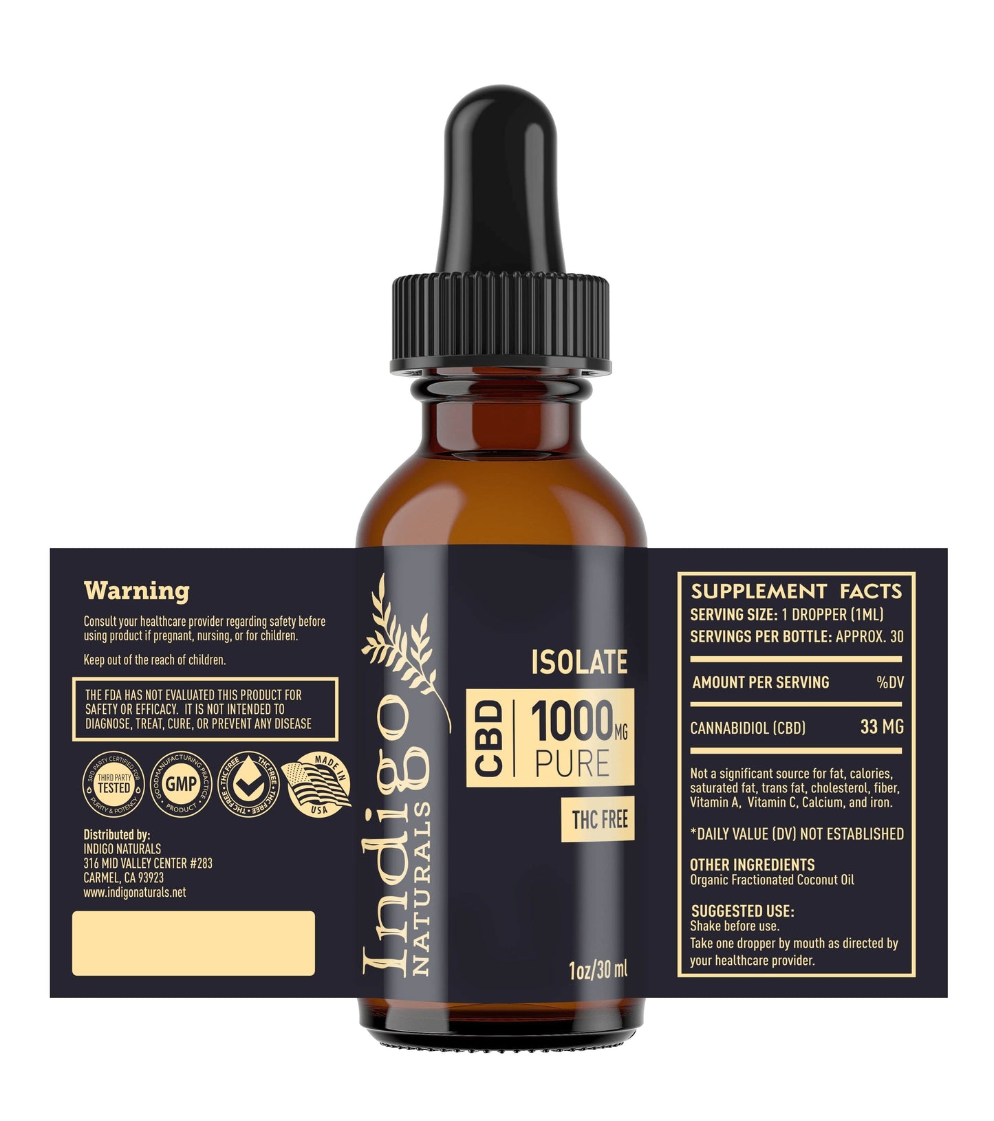 indigonaturals.net Tincture Pure CBD Isolate-1000mg Oil - No THC