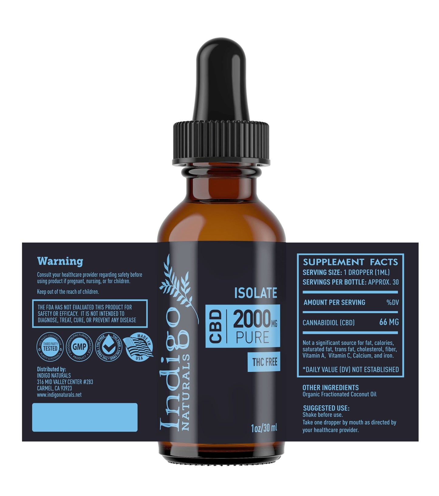 indigonaturals.net Tincture Pure CBD Isolate Oil - 2000mg - No THC