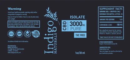 Label for NEW Pure CBD Isolate Oil - 3000mg pure CBD isolate oil with supplement facts and ingredients.