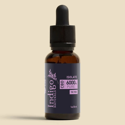 Pure CBD Isolate Oil- 6000mg- No THC, Indigo Naturals CBD bottle on neutral background.