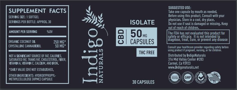 50mg CBD Isolate Capsules - No THC - indigonaturals.net