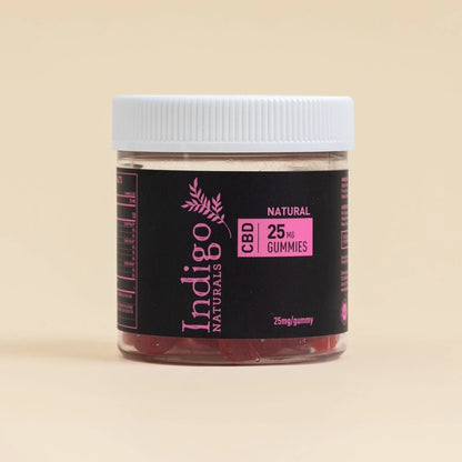 THC free CBD gummies 25mg in a child-resistant jar by Indigo Naturals with 30 gummies for daily CBD regimen.