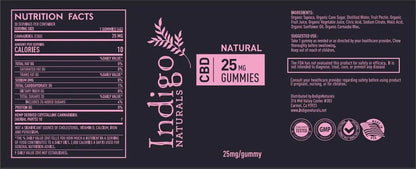 THC free CBD gummies 25mg nutrition facts label from Indigo Naturals, showing organic ingredients and serving size.