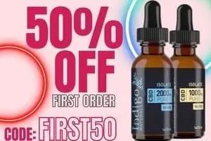 50% off CBD oil first order promotion with code FIRST50, featuring 2000mg and 1000mg bottles.