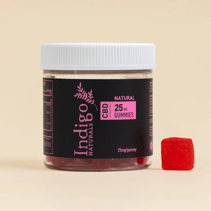 THC free CBD gummies 25mg in a jar with a red gummy on display.