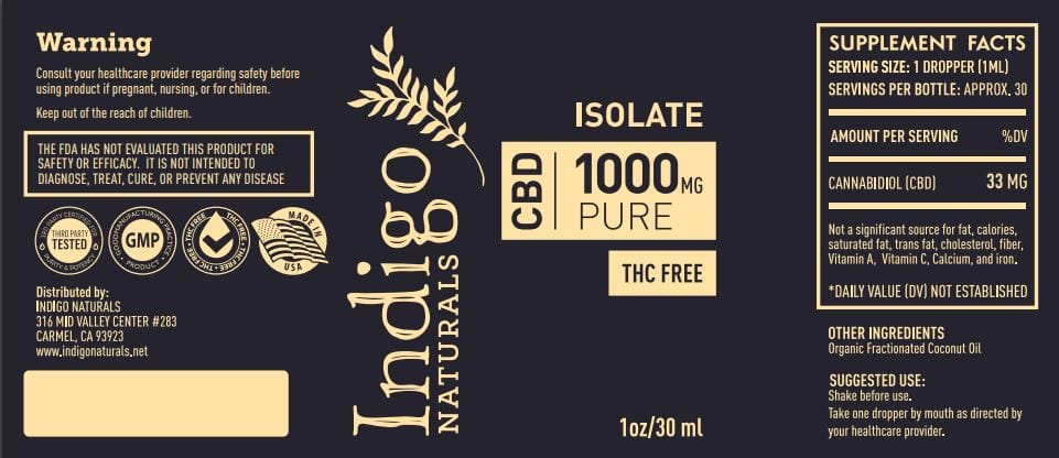 indigonaturals.net Tincture Pure CBD Isolate-1000mg Oil - No THC