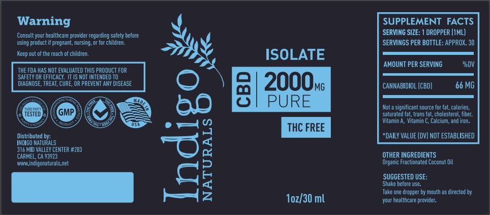 indigonaturals.net Tincture Pure CBD Isolate Oil - 2000mg - No THC