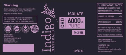 Pure CBD Isolate Oil- 6000mg - No THC label featuring supplement facts and ingredients.